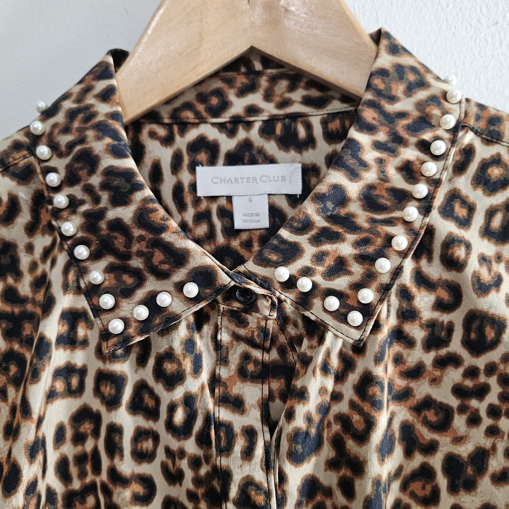 Charter Club Leopard Print And Pearl Women's Button Up Top - Picture 3 of 16
